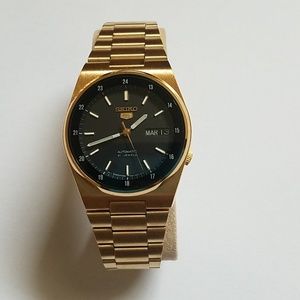 Seiko 5 Mens Watch Goldtone Band with Black Dial